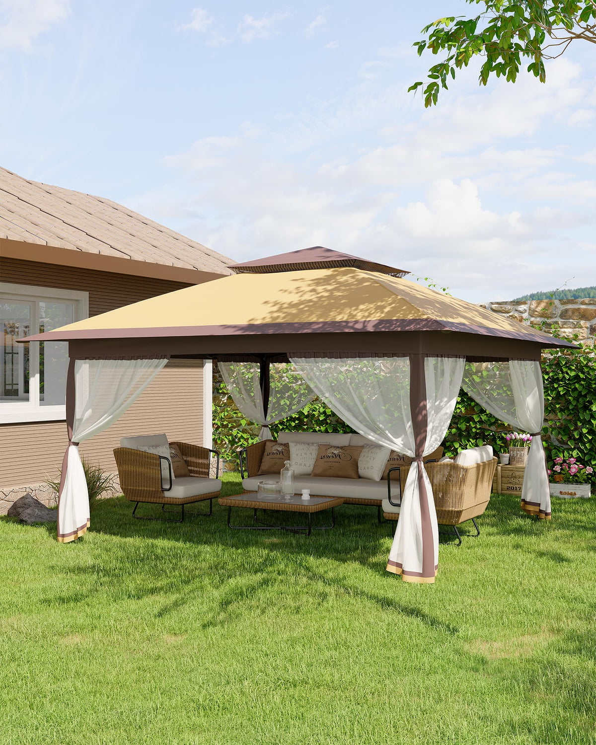 12x12FT Pop Up Gazebo with Mosquito Netting, Khaki & Coffee X7558