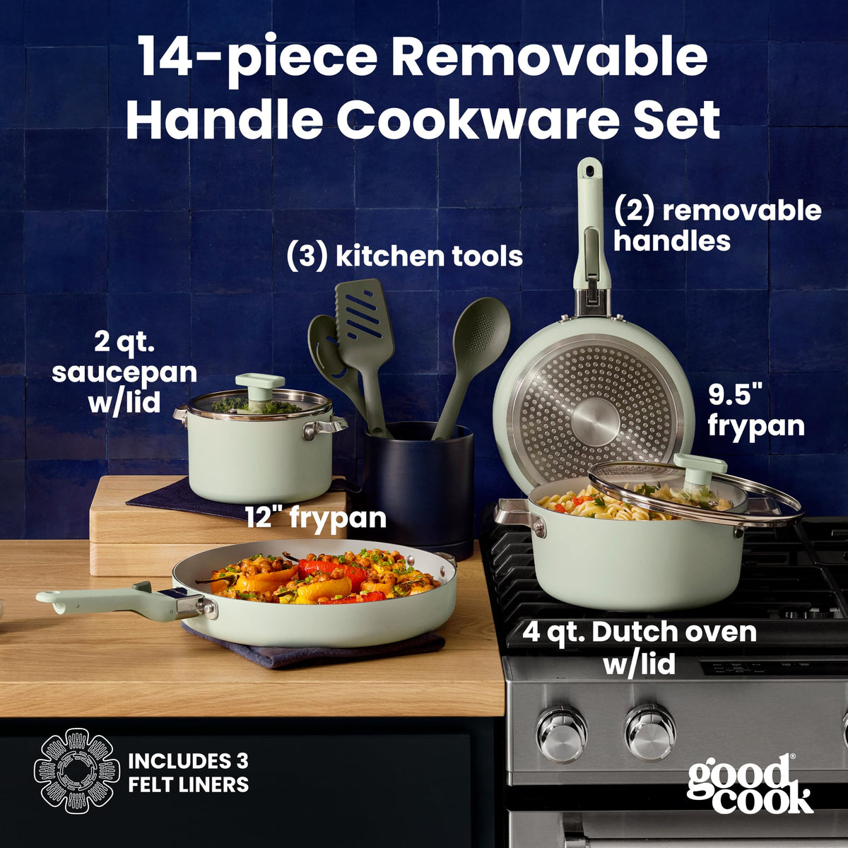 14-Piece Ceramic Cookware Set with Removable Handles, Sage Green G41150
