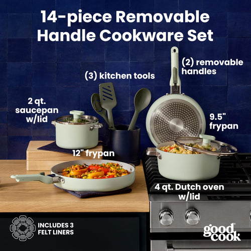 14-Piece Ceramic Cookware Set with Removable Handles, Sage Green G41150