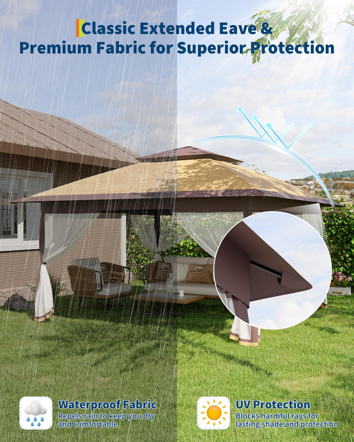 12x12FT Pop Up Gazebo with Mosquito Netting, Khaki & Coffee X7558