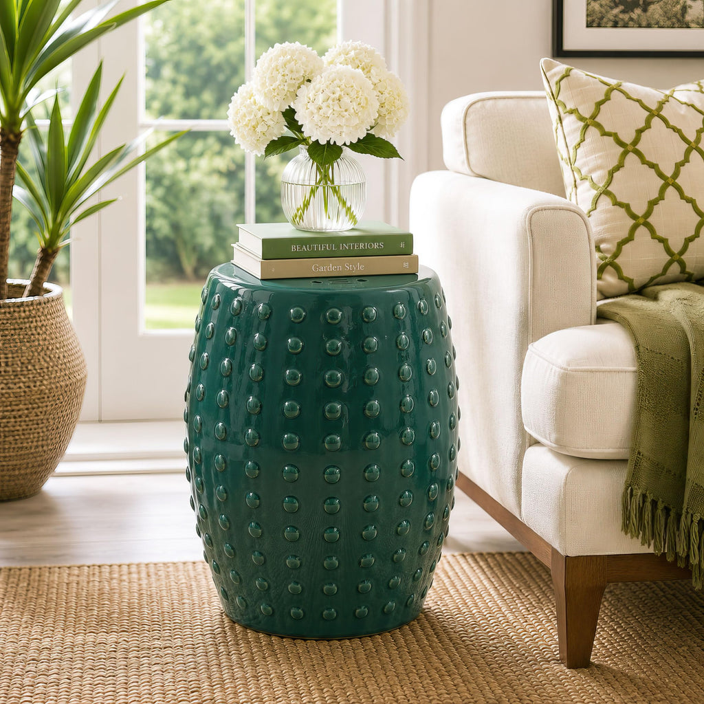 18" Blue-Green Porcelain Garden Stool O160222