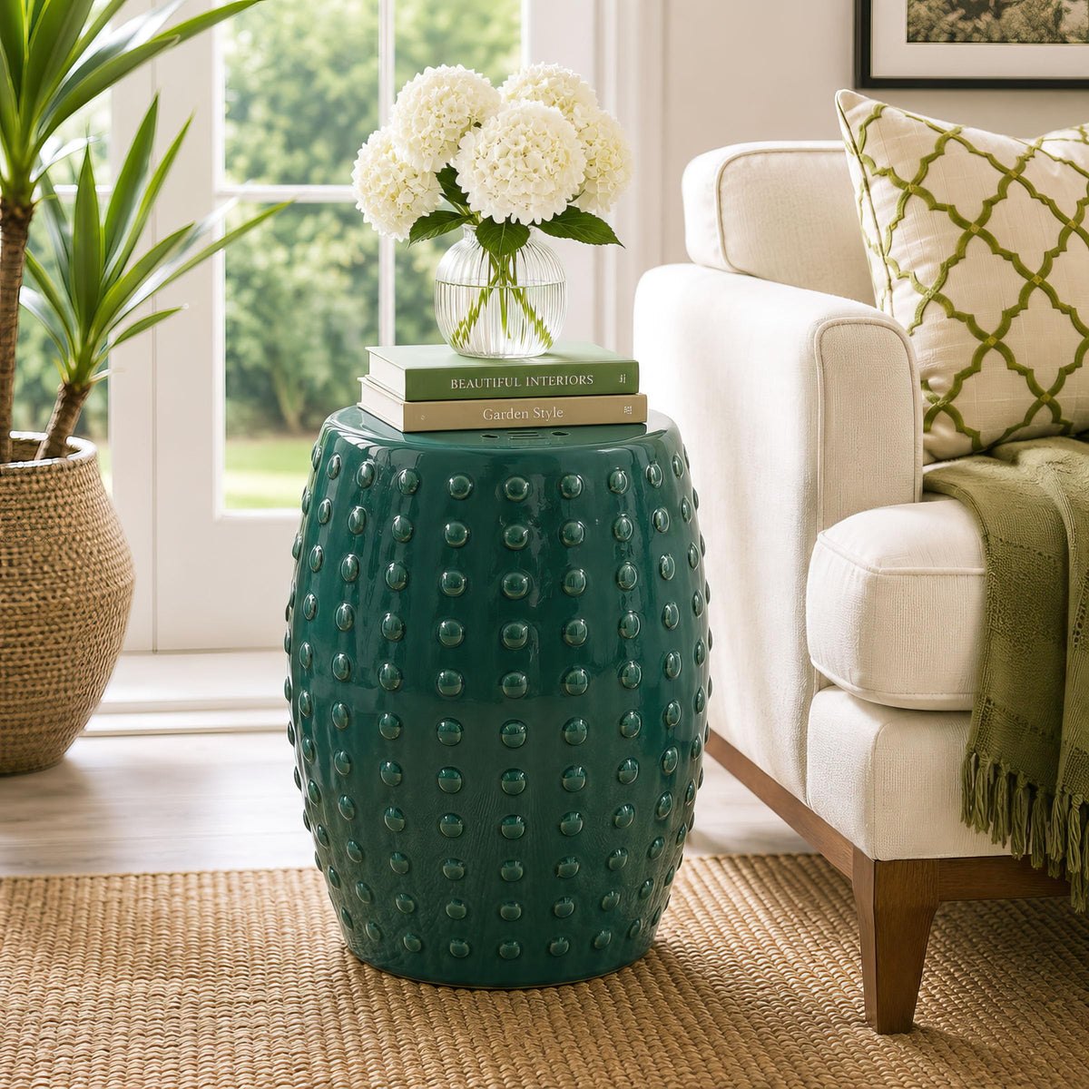 18" Blue-Green Porcelain Garden Stool O160222