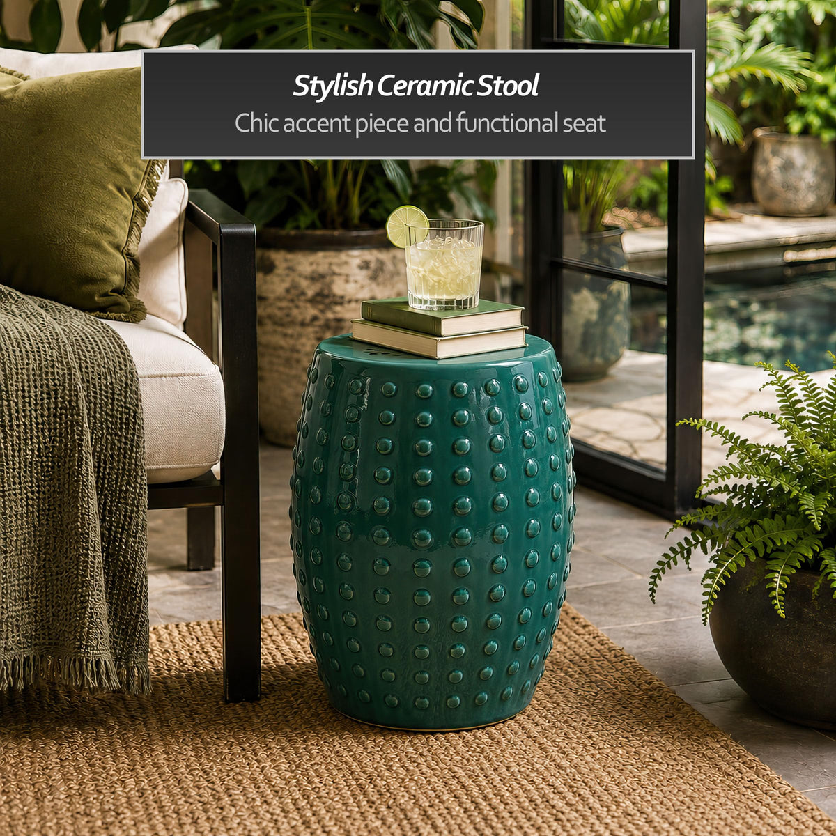 18" Blue-Green Porcelain Garden Stool O160222